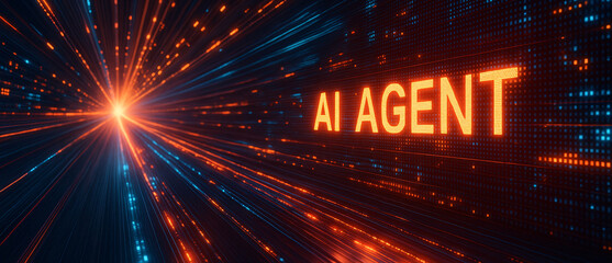 The text "AI AGENT" floating in a futuristic, high-speed abstract technology background with glowing blue and orange light trails.