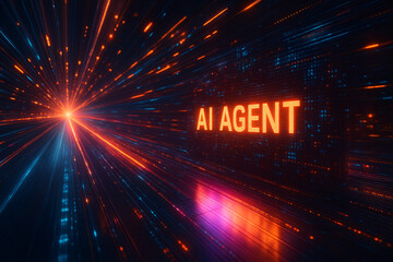 The text "AI AGENT" floating in a futuristic, high-speed abstract technology background with glowing blue and orange light trails.