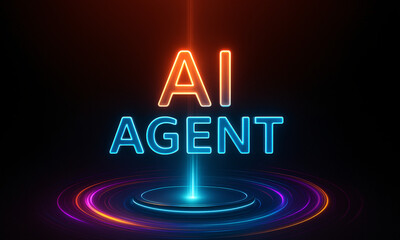 Glowing AI Agent neon text on a futuristic holographic podium with light beams, representing artificial intelligence concepts.