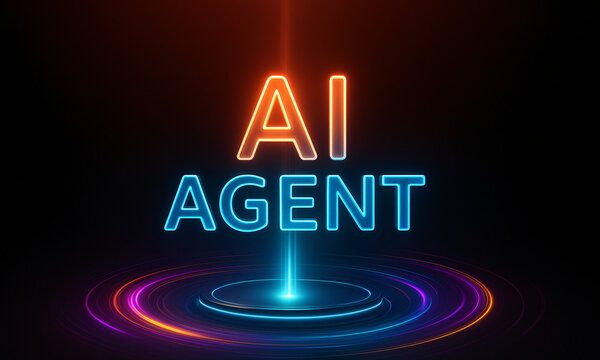 Glowing AI Agent neon text on a futuristic holographic podium with light beams, representing artificial intelligence concepts.