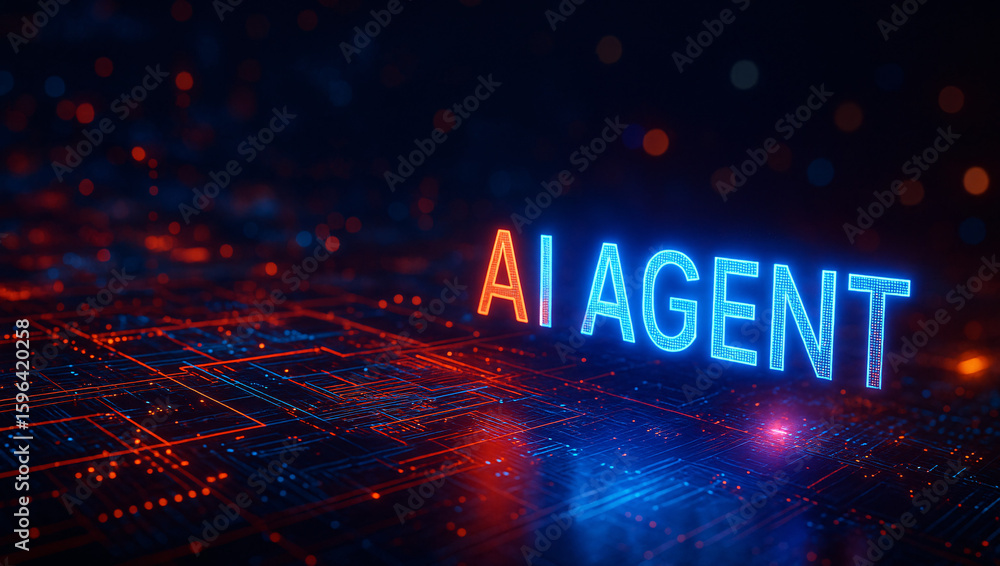 Poster ai agent text on a futuristic, abstract technology background showing a glowing circuit board and di