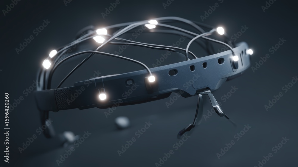 Poster a futuristic wearable headset with multiple glowing led lights, designed for immersive virtual or au