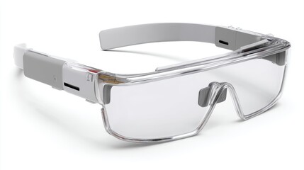 Transparent smart glasses with a sleek, modern design, featuring integrated technology and a USB charging port on the side, futuristic AI headset