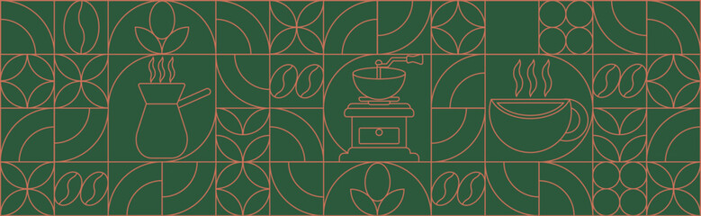 Geometric coffee pattern in minimalist style. Geometric line drawing. Abstract print background with simple shapes for coffee shop, food packaging, cafe wall, menu.