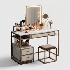 Makeup table with magnifying mirror and skincare station