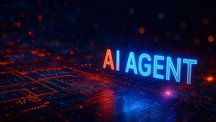 AI Agent text on a futuristic, abstract technology background showing a glowing circuit board and digital data.