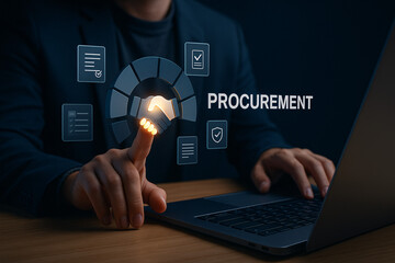 Procurement concept and purchasing process with business icons on a virtual interface, touched by a businessman with a laptop.
