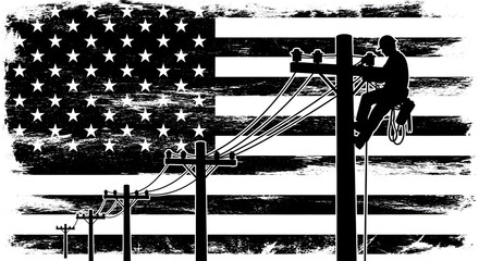 American Lineman on Utility Pole with USA Flag Background
