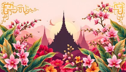 thai temple gable silhouettes rising through banana leaves and orchid sprays, repeating lai thai flame motifs, radiant gold leaf accents over soft mango and pink pastel gradient.