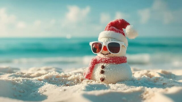 Adorable holiday sandman wearing a festive hat and cool shades smiles on a bright sandy shore.