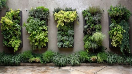 Fototapeta premium Eco garden design with green shrubs, vertical planters, and native greenery
