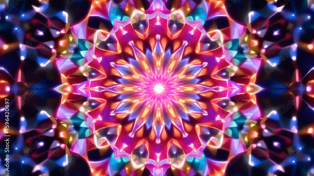 Poster vibrant abstract kaleidoscope pattern with luminescent colors and shapes