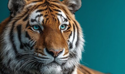 Obraz premium White tiger with blue eyes against a teal background.