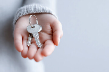 Manual keys in a hand against white background, symbolizing real estate, ownership, relocation, property investment, leasing or rental, buy and sell