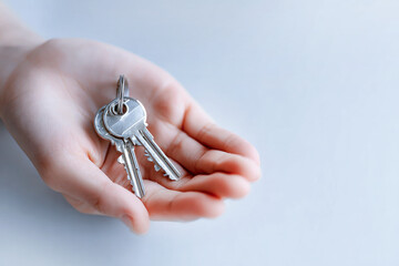 Manual keys in a hand against white background, symbolizing real estate, ownership, relocation, property investment, leasing or rental, buy and sell