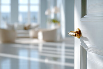 Modern design door handle, partially revealing room interior in blurred background, accommodation, hotel, housing, real estate business