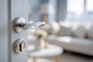 Modern design door handle, partially revealing room interior in blurred background, accommodation, hotel, housing, real estate business
