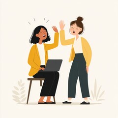 Fototapeta premium Two business women high-fiving, working together with laptop