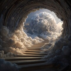 Surreal Staircase Leading to Cloudy Heaven with Floating Sphere