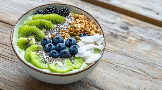 Organic breakfast bowl styled rustic with fresh superfood toppings for social media and blogs