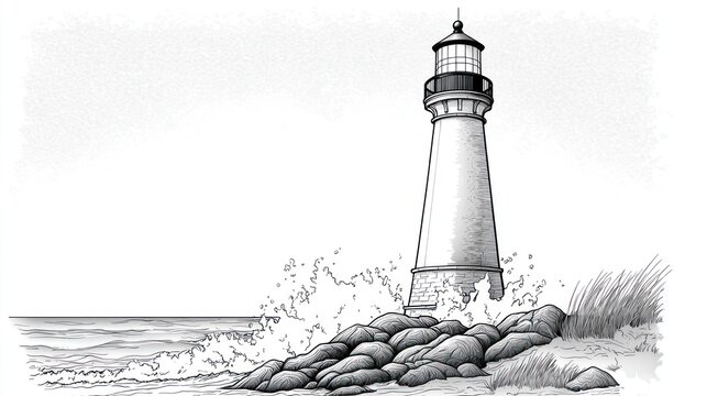 Coastal lighthouse drawing, waves crashing on rocks, tranquil seascape