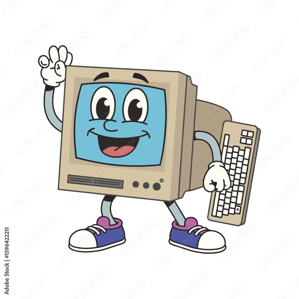 Poster cheerful computer character with keyboard and okay gesture