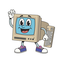 Naklejka premium Cheerful computer character with keyboard and okay gesture