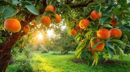 Fruit tree with ripening apples in a sunny orchard setting surrounded by green grass