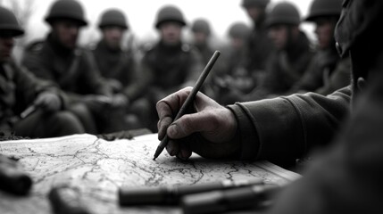 WWII Soldier Planning Strategy on Map, Troops in Background