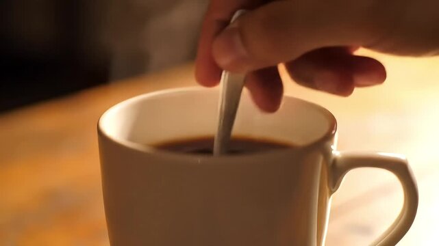 A hand stirs sugar into a steaming cup of coffee on a wooden table.