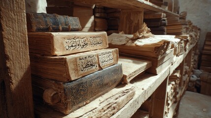 Aged Books with Arabic Script on Wooden Shelf
