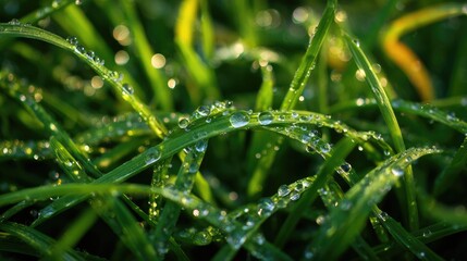 Obraz premium Green grass blades covered in morning dew under a soft natural light