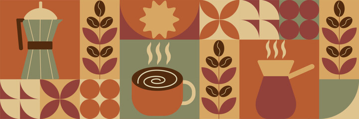 Geometric coffee pattern in minimalist style. Geometric line drawing. Abstract print background with simple shapes for coffee shop, food packaging, cafe wall, menu.