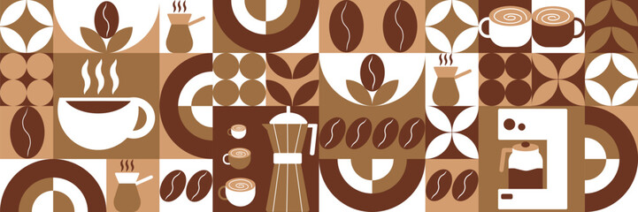 Geometric coffee pattern in minimalist style. Geometric line drawing. Abstract print background with simple shapes for coffee shop, food packaging, cafe wall, menu.