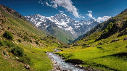 Fototapeta premium Green valley between two towering mountains with a clear stream running through