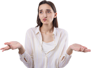 Fototapeta premium Young beautiful woman with facial expression of surprise standing over white background.