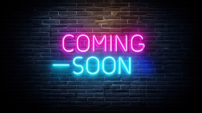 Neon sign on a dark brick wall displaying the words "COMING SOON" in pink and blue glowing letters.