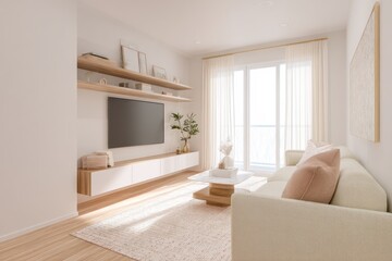 A living room with a tv, shelves, a couch, a coffee table, and curtains in a bright and airy space