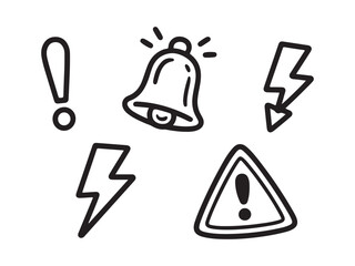 Hand drawn alert symbols and warning signs silhouette vector isolated on white background.