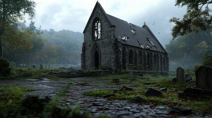 Abandoned church in a misty graveyard