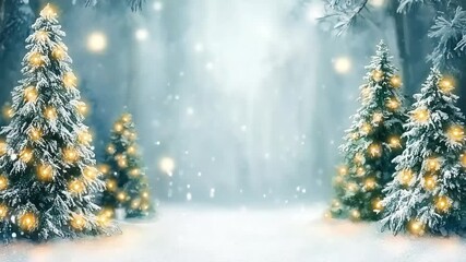 Enchanting winter forest scene with glowing Christmas trees and falling snow creates a magical holiday atmosphere