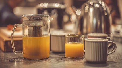 A glass teapot with orange juice sits on a table in front of coffee cups, captured in close-up with a blurred cafe interior background, natural lighting, bright colors, and high resolution.