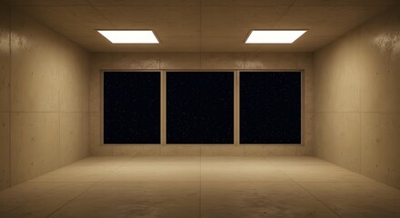 Empty Room with Windows: This image depicts a vacant, minimalist room bathed in soft, ambient light, creating a stark and contemplative atmosphere. Three dark windows offer a contrasting backdrop.