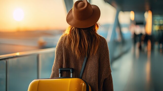 A person with long hair wearing a hat and sweater waits with a yellow suitcase in a modern airport during sunset.