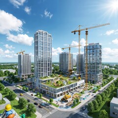 Fototapeta premium Modern urban construction site with tall buildings and cranes 