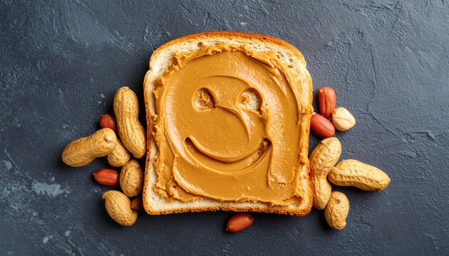 A slice of toast spread with peanut butter with a smiling face surrounded by peanuts.