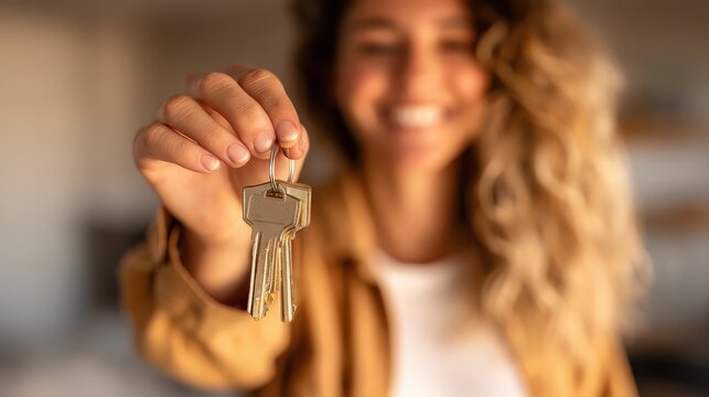 A smiling woman holds out a set of keys toward the camera, symbolizing new homeownership or opportunity.