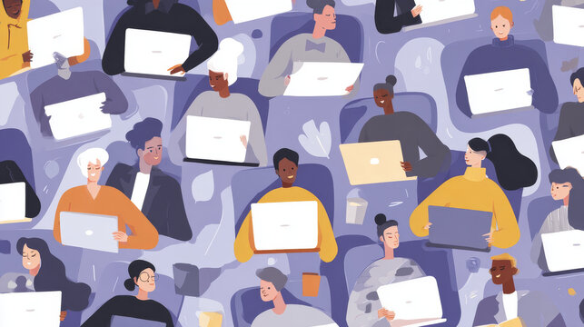 Illustration showing people (faces not visible) engaging in virtual learning or remote work through video conferencing technology on laptops, representing flexible work environments