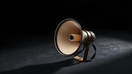 Vintage megaphone placed dramatically on a dark textured surface with cinematic side lighting.