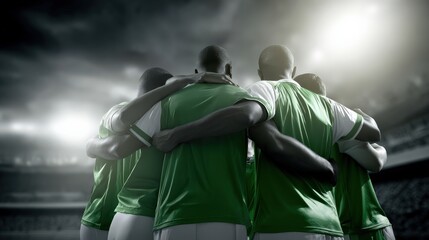 A group of soccer players wearing green jerseys embrace in a huddle on a stadium field under dramatic lighting.